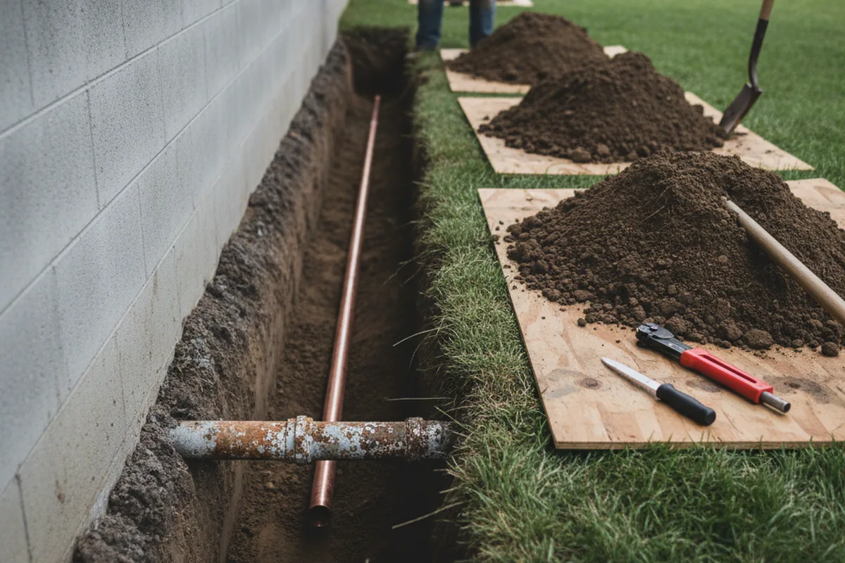 Excavated water line trench during Sewer Line Repair in Wheeler